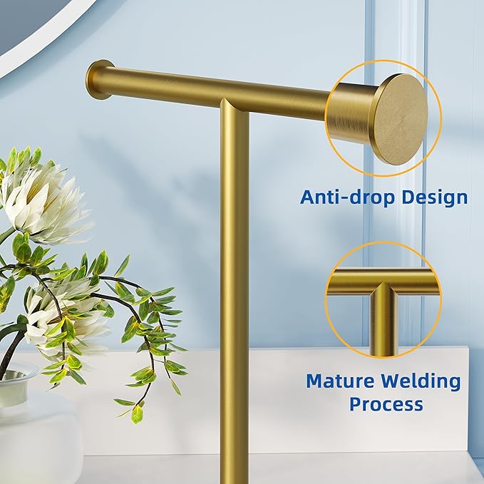 RUACQ Hand Towel Holder Stand, T-Shape Stainless Steel Free Standing Towel Rack, Vanity Countertop Towel Holder for Bathroom Kitchen Heavy Duty (Brushed Gold, 2 Pack)