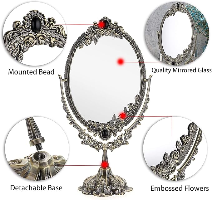 JUXYES Metal Tabletop Antique Decorative Makeup Mirror with Stand, Vintage Swivel Double Sided Cosmetic Mirror with Frame, Retro Desktop Oval Dressing Mirror for Bathroom Bedroom