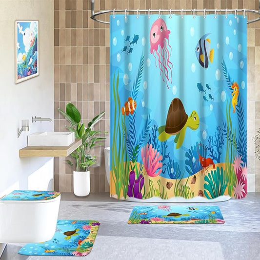 Lnond 4 Pcs Kids Bathroom Shower Curtain Set, Ocean Sea Turtle Bathroom Sets for Kids Bathroom Decoration with Shower Curtain, Non Slip Bathroom Rugs, Toilet Lid Cover, U Toilet Mat and 12 Hooks