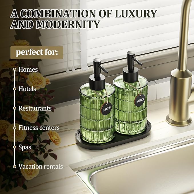 MASADI Soap Dispenser Set with Bamboo Tray, Dish and Hand Soap Lotion Dispenser Set with Wooden Pump for Kitchen and Bathroom Decor for Counter, Modern Vintage Liquid Soap Dispensers (Green&Black)