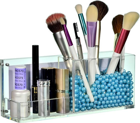 AMT CLEAR Acrylic Make Up Organizer, Business License Frame for Cosmetology or Other Businesses, Makeup Brush Holder, Pen Holder,Business Card Display (Blue)