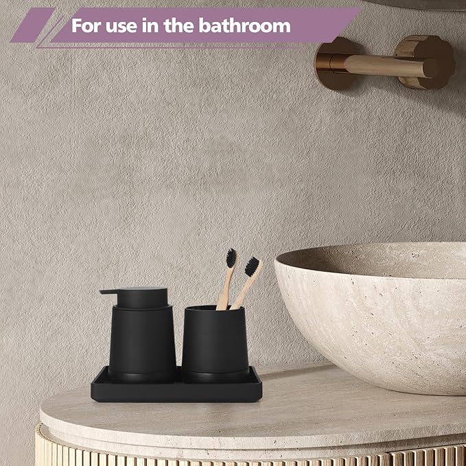GAHEFY Black Bathroom Countertop Accessories Set - Soap Dispenser and Toothbrush Holder with Silicone Boot,Vanity Tray (Black Liquid)