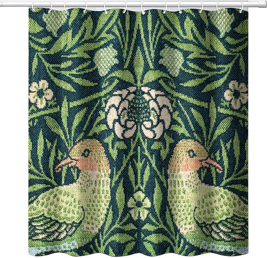 Boho Bird Shower Curtain William Morris Art Print Retro Bird Plant Natural Flower Pattern Print Shower Curtains 72""×78"" Inch, Style-6