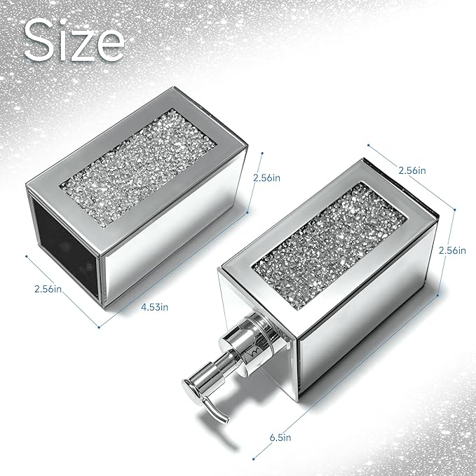 Bathroom Accessories Set, Square 2 Pack Silver Glass Soap Dispenser & Toothbrush Holder with Mirror Finish & Sparkling Diamond Accents, Modern Bathroom Countertop Decor