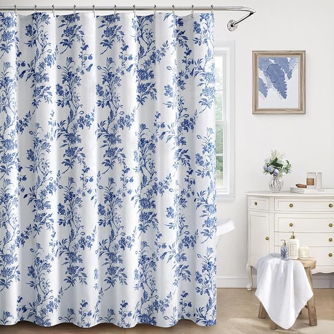 Blue Floral Shower Curtain,Vintage Cotton Cottagecore Shower Curtains for Bathroom, 72" W x 72" L