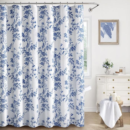 Blue Floral Shower Curtain,Vintage Cotton Cottagecore Shower Curtains for Bathroom, 72" W x 72" L