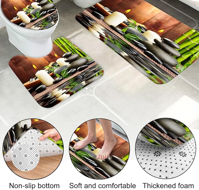 Lnond 4Pcs Spa Bathroom Shower Curtain Sets with Rugs, Stone Bamboo Bathroom Sets with Shower Curtain and Rugs and Accessories