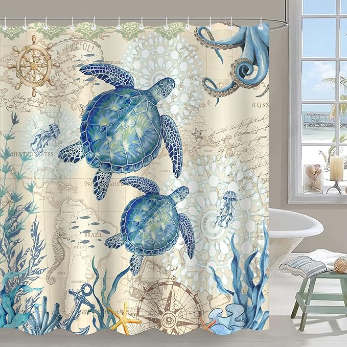 Aipon Nautical Sea Turtle Shower Curtain Ocean Octopus Beach Coastal Blue Seashell Jellyfish Theme Extra Long Waterproof Fabric Shower Curtains for Bathroom Bath Curtain Decor (Green6, 72'' × 78'')