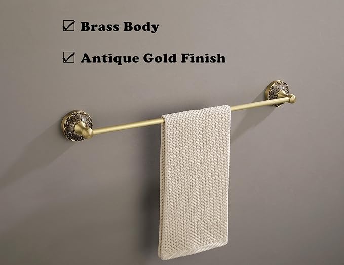Antique Brass Towel Bar Wall Mount, 24 inch Bath Towel Rod Holder, Vintage Gold Decorative Bathroom Accessories, Brass Petal-Relief Series