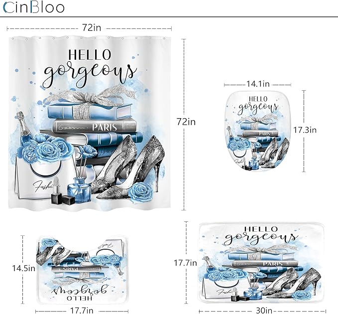 Cinbloo 4Pcs Girly Blue Shower Curtain Set, Silver Grey Fashion Women Bathroom Curtain with Rug, Toilet Lid Cover, Bath Mat, Flower Perfume Black White Striped High Heels Shower Curtain with 12 Hooks