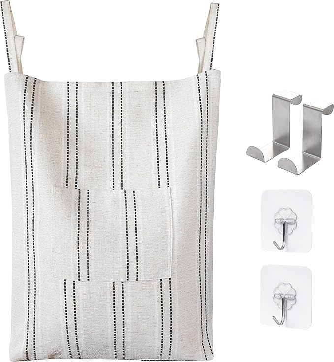 AELS Farmhouse Hanging Laundry Hamper with 2 Hooks, Boho Beige & Black Stripes Laundry Bag with Zipper & Wide Open Top, Over the Door Organizer for Dirty Clothes, Washable Space Saving Storage