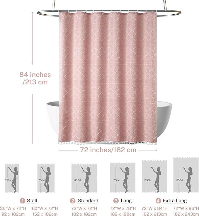 Extra Long Boho Pink Shower Curtain with Tassels 72 x 84, Tufted Chevron Striped Chenille Woven Fabric Cloth Shower Curtain Modern Farmhouse Minimalist, Shabby Chic Textured for Bathroom