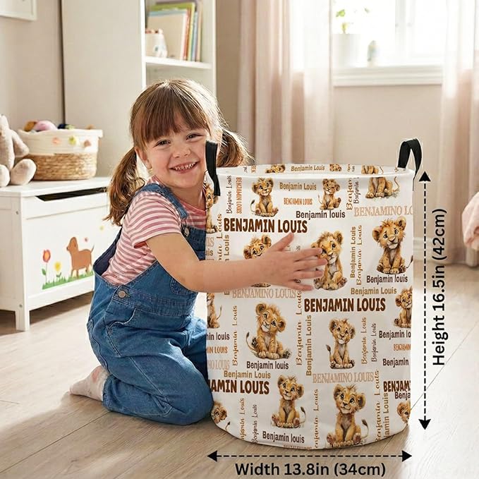 Custom Lion Laundry Baskets, Personalized Lion Gifts with Customized Name, Collapsible Laundry Hamper for Kids Adults Home Decoration,16.5 X 13.8in