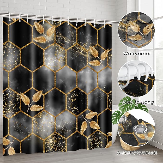 Honeycomb Marble Black Bathroom Decor and Accessories Set, Shower Curtain and Rug Set with Trash Can, Soap Dispenser, Soap Dish, Toothbrush Holder, Toothbrush Cup, Toilet Brush