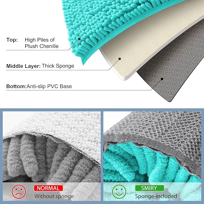 Smiry Luxury Chenille Bathroom Rugs 59x24, Extra Soft and Absorbent Shaggy Bath Mat, Machine Washable, Non-Slip Plush Carpet Runner for Tub, Shower, and Floor, Home Decor Accessories, Turquoise