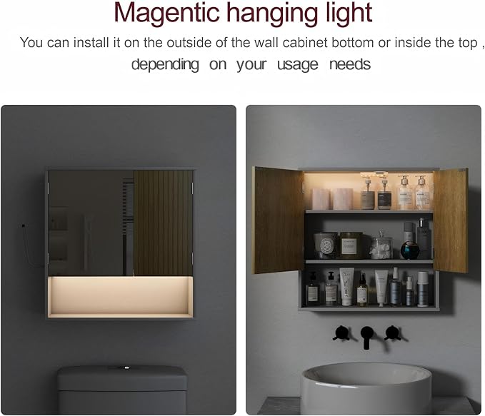 Bathroom Wall Cabinet With Mirror,wall mounted bathroom cabinet,Medicine Cabinet with 2 Door ,Side Hook,Light and Adjustable Shelves,White Cabinet with Wood Grain,Over The Toilet Space Saver Cabinet.