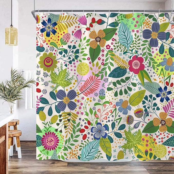 Aipon Colorful Floral Shower Curtain Boho Flower Green Leaf Shower Curtains for Bathroom Spring Wildflower Botanical Plant Bohemian Waterproof Fabric Bath Curtain Decor 72 X 72 Inches
