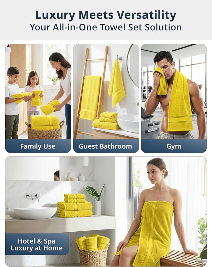 LANE LINEN 18 Pc Luxury Bath Towels Set – Ultra Soft 100% Mercerized Cotton, 6 Bath, 6 Hand Towel & 6 Wash Cloth, Zero Twist, Quick-Dry, Long-Lasting Comfort & Hotel Quality, Machine Washable – Mimosa