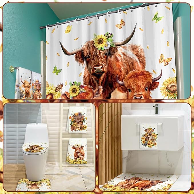 FuWeave 8 Pcs Highland Cow Shower Curtain Sets for Bathroom Sunflower Farm Cattle Shower Curtain Sets Watercolor Floral Bathroom Accessories with Towels Carpet Bath Mat Toilet Rugs and 12 Hooks