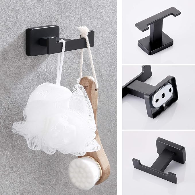 GERUIKE 4 Piece Bathroom Hardware Accessories Set,Matt Black Stainless Steel Towel Bar Sets Wall Mounted - Includes 18" Towel Bar, Square Towel Ring, Toilet Paper Holder, Robe Towel Hook