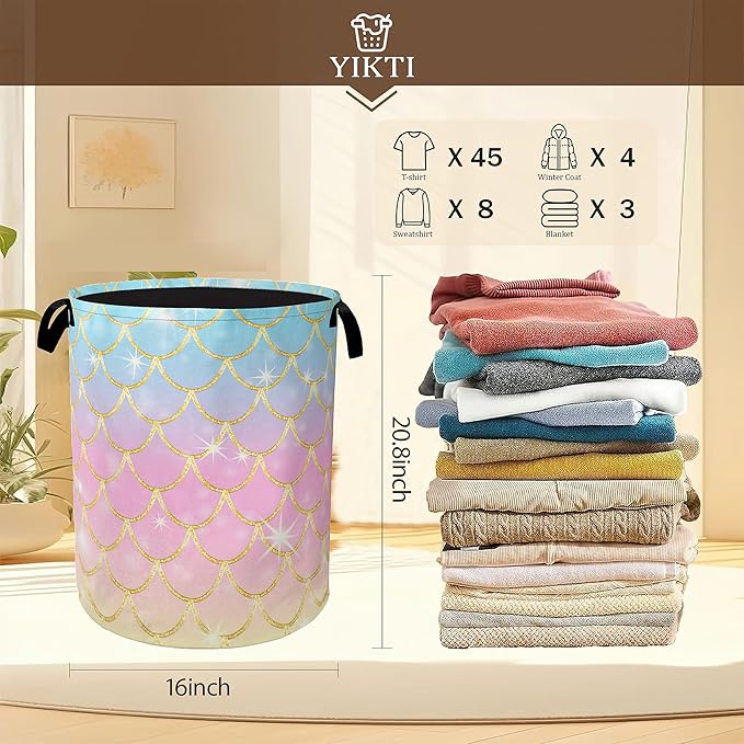 Glitter Mermaid Scales Laundry Basket,Pink Blue Gold Clothes Hamper,Oxford Cloth Collapsible Nursery Hamper Storage Organization for Bedroom,Bathroom,Office,College Dorms,16x20 Inch