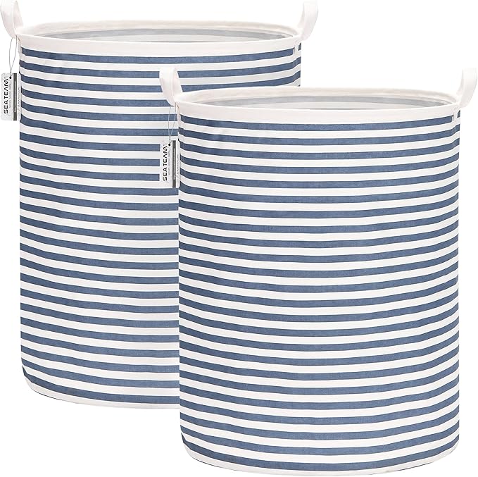 Sea Team 2-Pack 19.7 Inches Large Sized Waterproof Coating Ramie Cotton Fabric Folding Laundry Hamper Bucket Cylindric Burlap Canvas Storage Basket (19.7", Navy Blue & White Stripe)