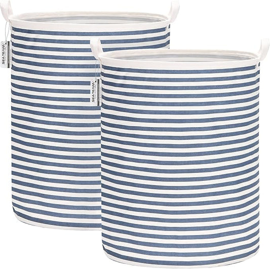 Sea Team 2-Pack 19.7 Inches Large Sized Waterproof Coating Ramie Cotton Fabric Folding Laundry Hamper Bucket Cylindric Burlap Canvas Storage Basket (19.7", Navy Blue & White Stripe)