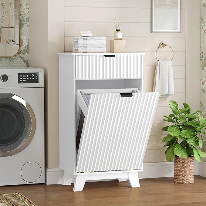 Wodeer Tilt Out Laundry Hamper Cabinet with Storage and Drawer, 10 Gallon Fluted Hidden Trash Can Cabinet, Farmhouse Wood Laundry Basket Cabinets for Bathroom, Kitchen, White