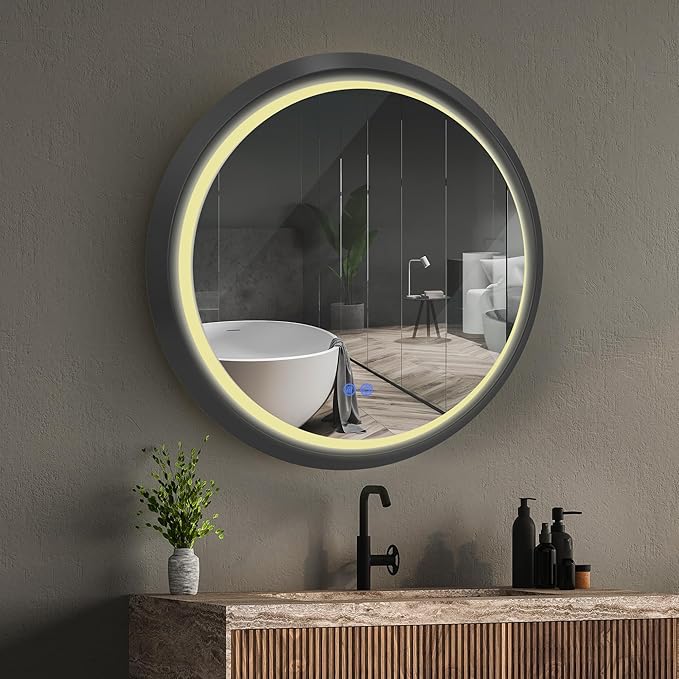 36 Inch Round LED Mirror for Bathroom, Black Metal Frame Lighted Vanity Mirror with 3 Color Modes, Touch Dimmer - Anti-Fog Wall Mounted Circle Mirror with Lights - Fab Glass and Mirror