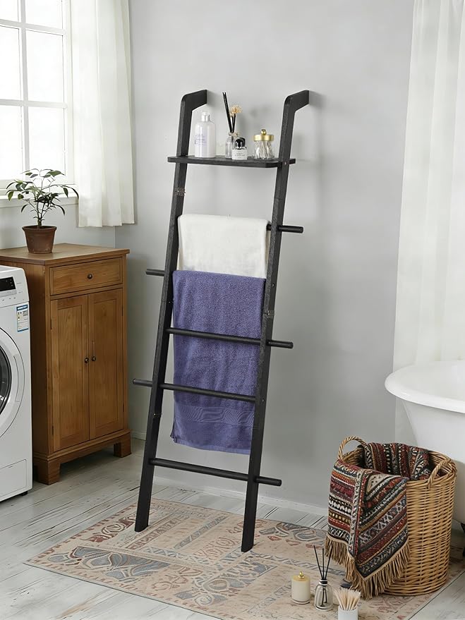 Taozun Black Blanket Ladder with Shelf for Living Room, 67-Inch Wooden 5-Tier Farmhouse Towels and Quilt Rack Decor - Wall Leaning Display Holder for Blankets and Throws