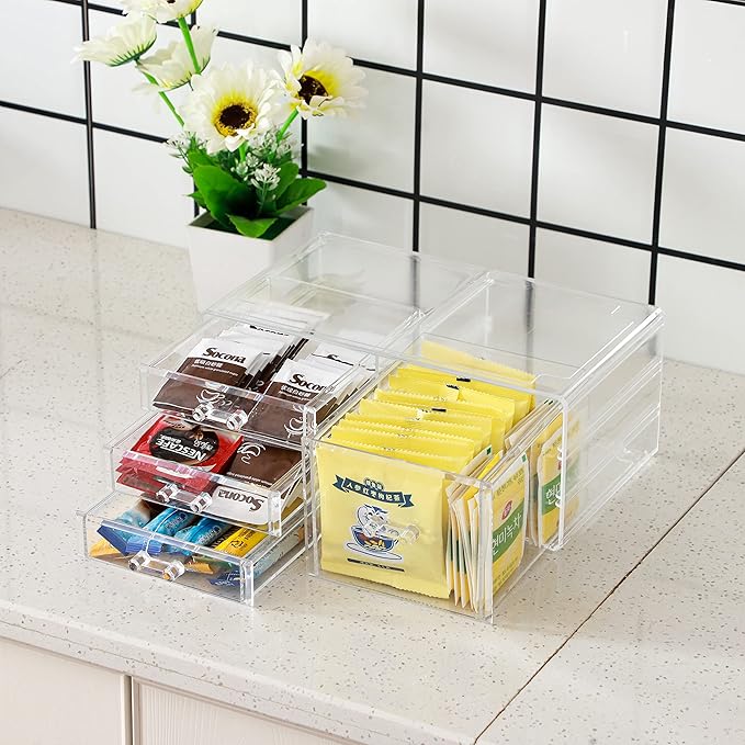 Cq acrylic 1 Pack Clear Stackable Storage Drawers for Vanity,Stackable 4 Drawers Desktop Organizer With Drawers,Cute Desk Storage for Office,Jewelry,Hair Clip,Beauty,Skincare and Make Up Organizers
