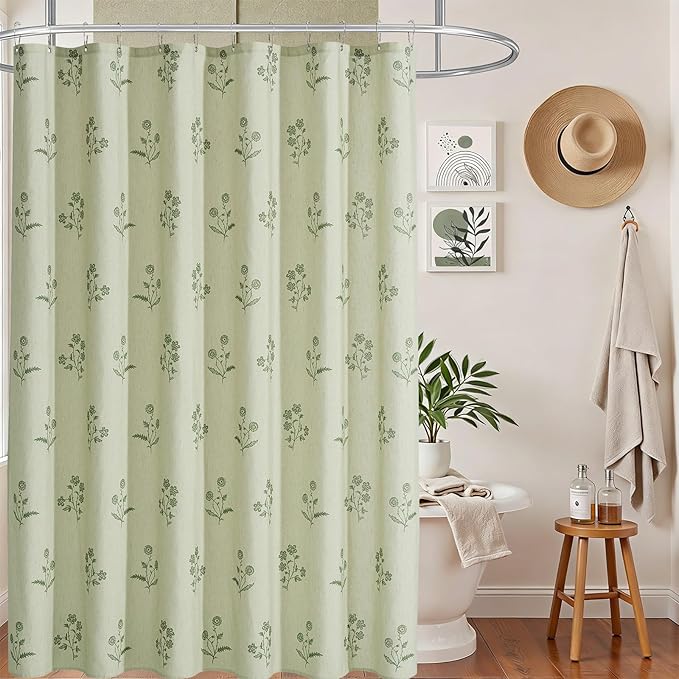 ORTIGIA Farmhouse Vintage Sage Green Floral Shower Curtain Block Print Linen Shower Curtains Set Boho Cottagecore Rustic Decor for Bathroom 72 W x 72 L