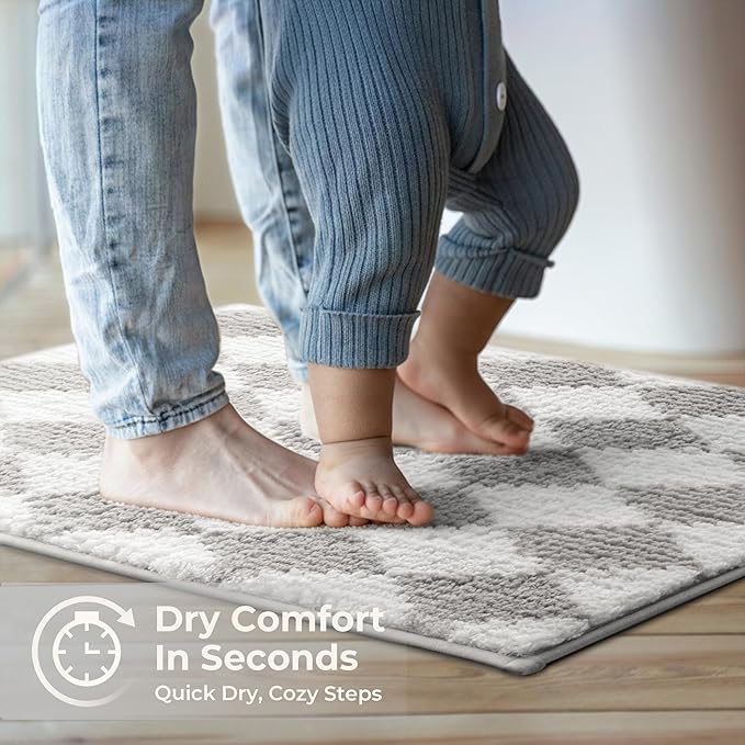 GRANNY SAYS Diamond Bathroom Rugs, 16" x 24", Non-Slip Bath Mats for Bathroom, Plush Shag Absorbent Microfiber Ultra Soft Bath Mat, Cute Washable Rug for Tub, Shower, Bedroom, Light Grey