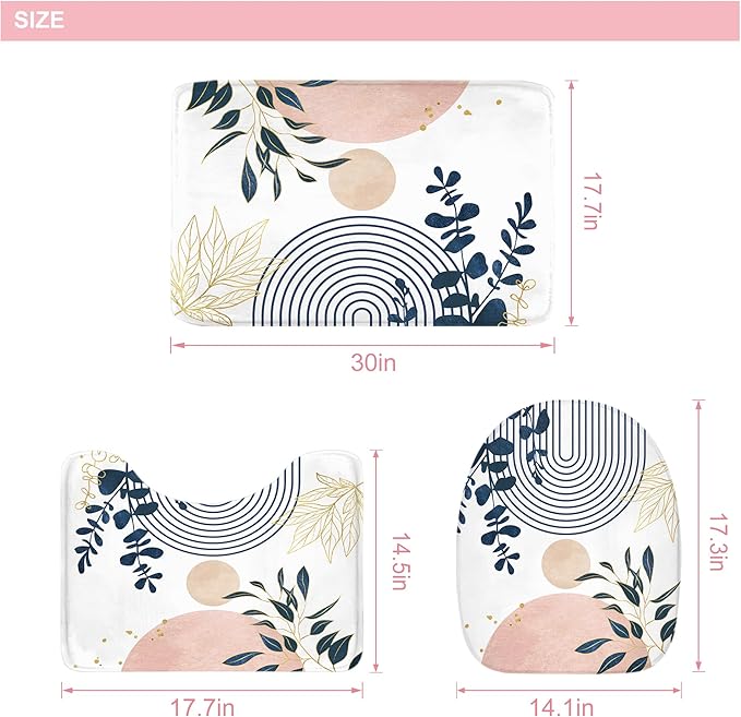 Riyidecor Boho Pink Navy Blue 4Pcs Shower Curtain Set with Toilet Lid Cover and Non-Slip Rugs, Mid Century Modern Minimalist Bathroom Decor Set，Abstract Contour and Bath Mat with 12 Hooks
