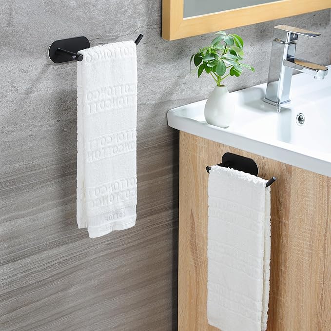 SUNTECH Hand Towel Holder,2 Packs Black Hand Towel Bar,6 3/10 Inch Self Adhesive Hand Towel Rack/Towel Ring for Bathroom Kitchen
