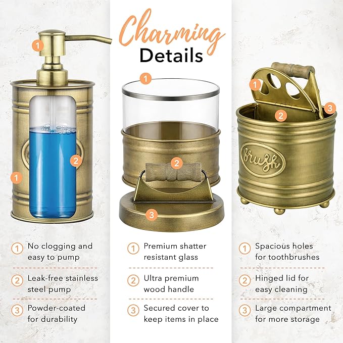 Autumn Alley Rustic Bathroom Accessories Set Vintage Brass Farmhouse Soap Dispenser, Antique Brass Toothbrush Holder, 2 Apothecary Jars Qtip Holder Glass - Rustic Bathroom Decor, Bathroom Accessories