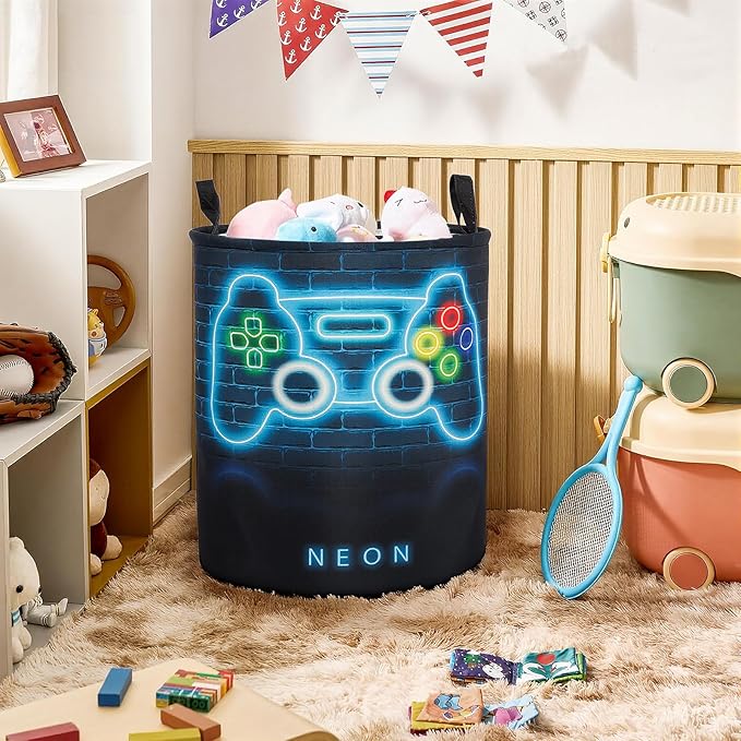 2Pcs Basketball Cute Kids Laundry Basket Baby Nursery Hamper Boys Room Decor Foldable Oxford Cloth Funny Tote Clothes Storage Bucket Organizer For Bedroom (Gamepad)