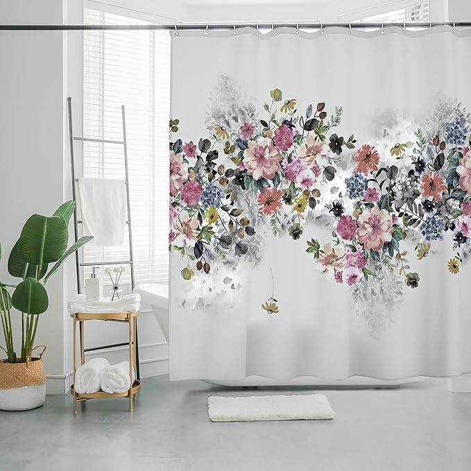 HMS Happy Memories Thicken Durable Polyester Blend Cloth Fabric Bathroom Curtain Colorful Bohemian Boho Floral Print Beautiful Bright Shower Curtain for Bathroom Decoration, 72"x72"