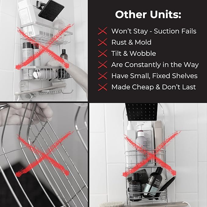 ShowerSMART Rust Resistant Shower Caddy, Wall Mount Shower Storage & Rack with Adjustable Shelves, Easy Clean Trays & Magnetic Hooks for Bathroom Remodel Upgrades, Black