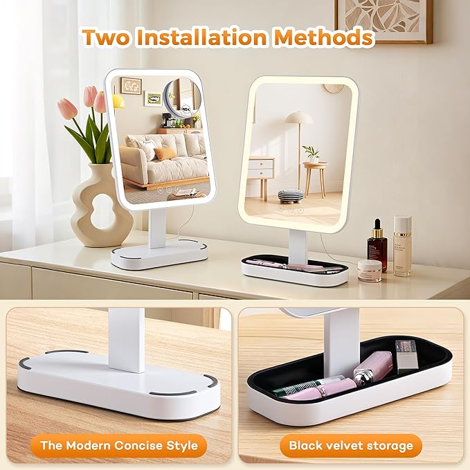 Vanity Mirror with Lights, 1/10X Magnifing，Hollywood Vanity Mirror with 3 Colors Lights & Adjustable, Smart Touch Control Modern Style, Dresser Mount, Bathroom,（16.5" X 9.8" White） Plug in