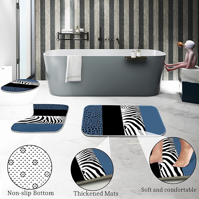 Poedist 4 Pcs Bathroom Shower Curtain Set,Blue Leopard Print Shower Curtain Bright Style Shower Curtain Sets with Rugs(Bath Mat,U Shape and Toilet Lid Cover Mat) and 12 Hooks