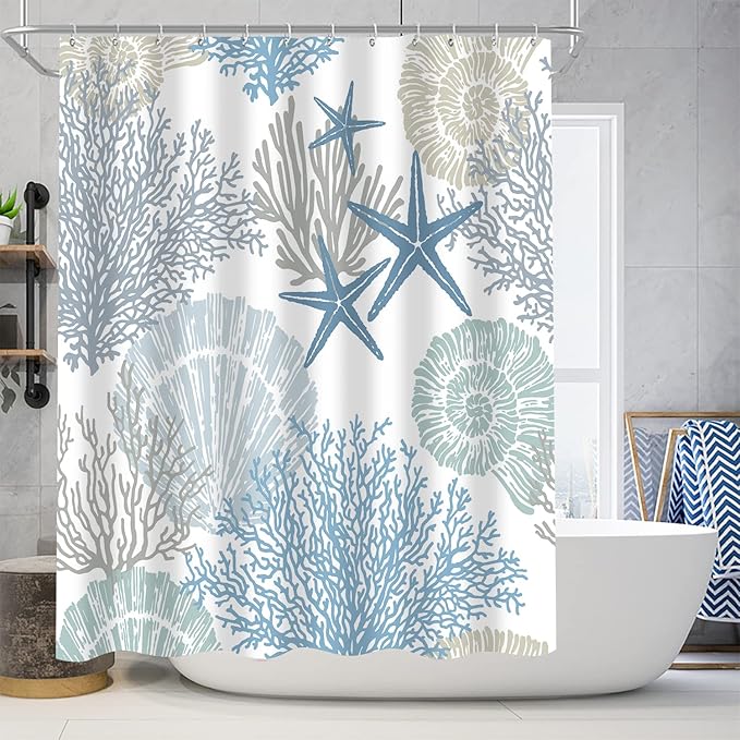 Nkzply 4 Pcs Beach Shower Curtain Blue Bathroom Sets with Shower Curtain and Rugs Ocean Shower Curtain Set Starfish Bathroom Decor Accessories Seashell Bathroom Rug Set Nautical Toilet Lid Cover Hooks