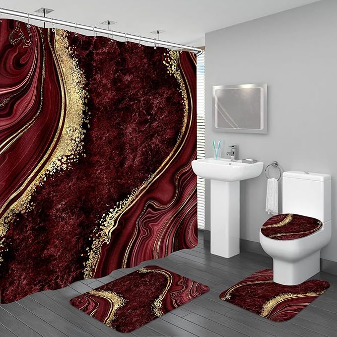 4PCS Burgundy Red Marble Bathroom Sets with Shower Curtain and Rugs, Abstract Gold Shower Curtain Sets with Rugs, Bathroom Curtains Shower Set with Toilet Lid Cover Accessories