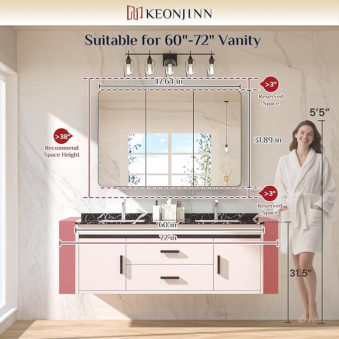 Keonjinn 48 x 32 Inch Large Chrome Medicine Cabinets, Recessed Bathroom Medicine Cabinet, Elegant Stainless Steel Framed, Sturdy & Heavy, Stepless Adjustable Shelves, DTC Hinges, Soft Closing