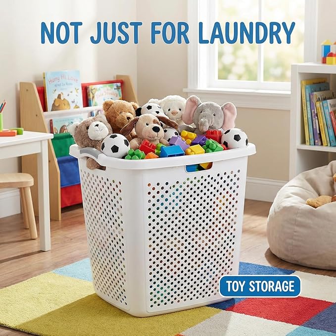 Extra Large 2.5 Bushel Plastic Laundry Hamper Basket - Tall Ventilated Clothes Bin with 4-Way Easy-Grip Handles, Heavy Duty Washing Storage for Bedroom, Bathroom, and Dorm Organization, White