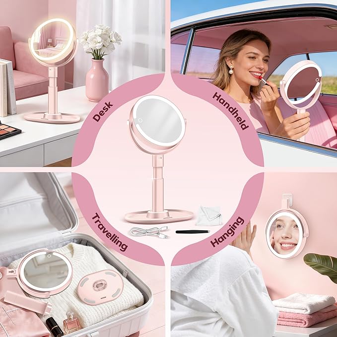 MOMOKUBA Makeup Mirror with Lights, 30X Magnifying & Height Adjustable, Lighted Magnifying Mirror with 3 Light Modes and Stepless Dimming, Vanity Mirrors for Bathroom, Birthday Gift for Women, Pink