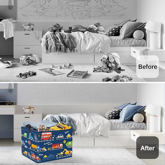 Cars Laundry Hamper Cartoon Vehicle Large Storage Basket Collapsible Parents Organizer Boy Toy Clothes Bins for Bedroom, Bathroom, City Bus, 36L