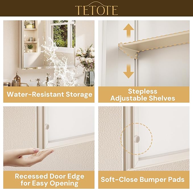 TETOTE 64 x 32 Medicine Cabinet with Tempered Beveled Mirror Silver Aluminum Cabinet DTC Hinges, Stepless Adjustable Shelves, Recessed/Surface-Mounted