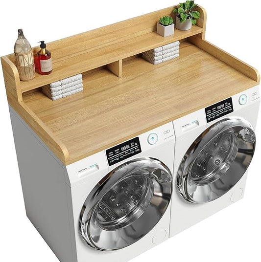 2-Tier Washer Dryer Countertop with 2.75"H Edge Rails, 54" W x 27.55" D Laundry Countertop for Folding Clothes, Washer and Dryer Topper with Non-Slip Pad (Pure Wood Color)