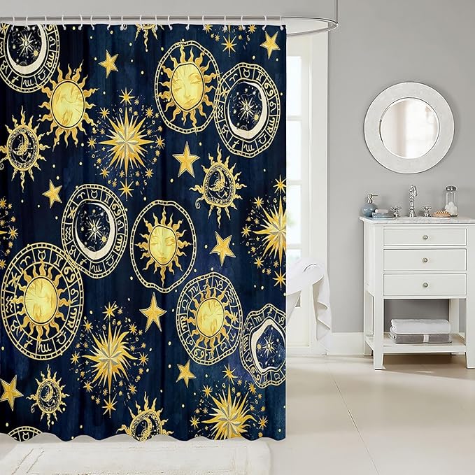 Feelyou Boho Moon and Sun Shower Curtain Bohemian Galaxy Constellation Fabric Shower Curtains for Bathroom Kids Exotic Stars Blue Golden Bath Curtain Decorative Bathroom Accessories 72 X 72 Inches